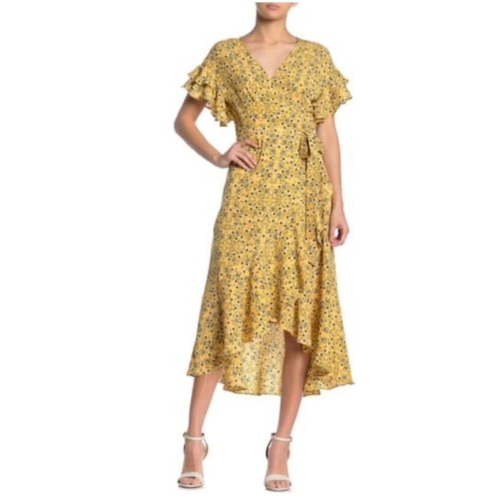 Max Studio M Medium Wrap Dress Yellow Blue White Short Sleeve NEW NWT